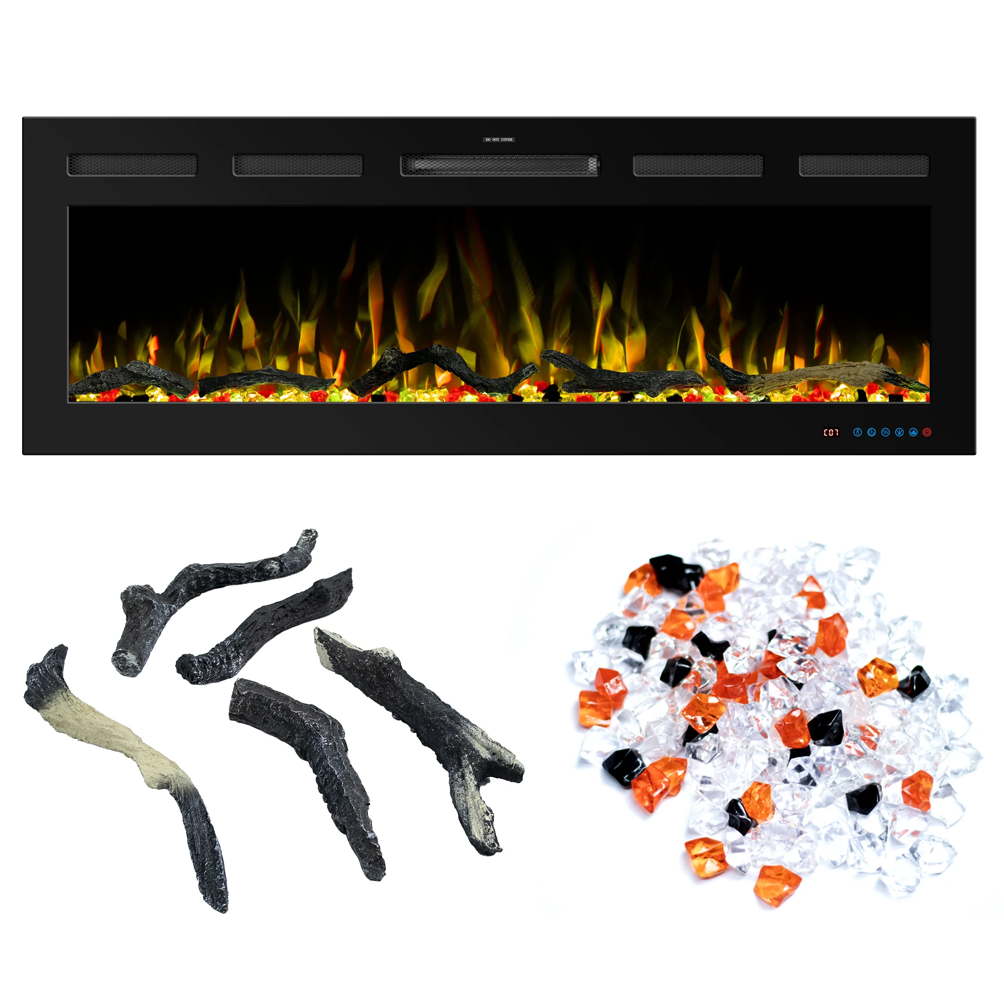 50 Inch Wall-mounted And Recessed Electric Fireplace, Multi Flame And Log Bed Colors W Smart APP Control