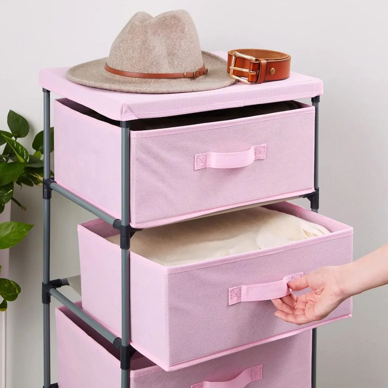 4-Tier Tall Closet Dresser with Drawers - Clothes Organizer and Small Fabric Storage for Bedroom (Pink) 5