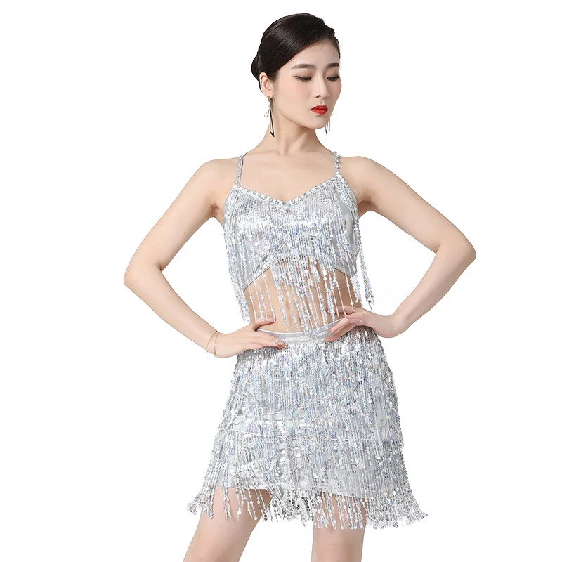 

2 Pieces Set Ablaze Women Salsa Costume Sets Elastic Sling Padded Top Ballroom Competition Outfit Sequins Latin Fringes Skirt