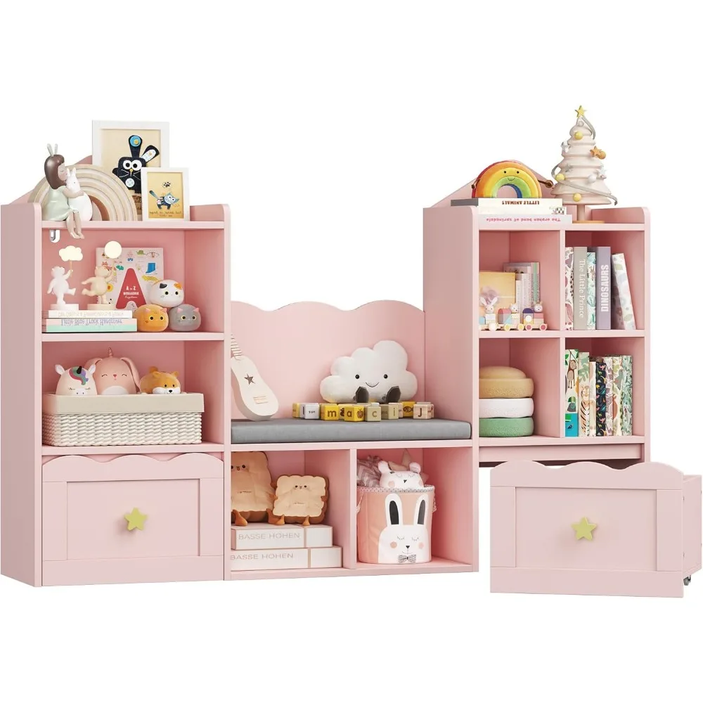 Kids Bookshelf with Reading Nook, Kids Bookcase, 2 Wheels Drawers and 8 Storage Cubbies, Toy Storage Organizer 6