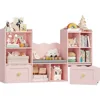 Kids Bookshelf with Reading Nook, Kids Bookcase, 2 Wheels Drawers and 8 Storage Cubbies, Toy Storage Organizer 6