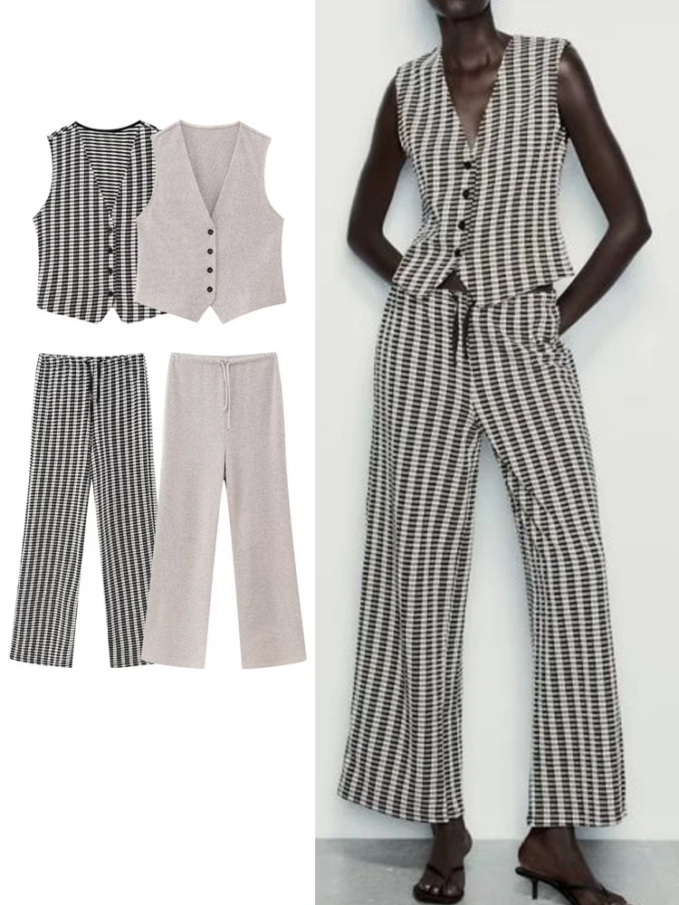 

TRAF Women Fashion Vest Pant Sets New Summer Female Office Lady Fashion Sleeveless Stripe Tank Tops Mid Waist Vintage Pants