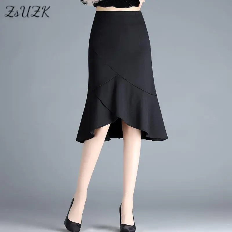 

ZUZK Women Black Trumpet Skirt High Waist New Slim Casual Ladies Elegant Chic OL Knee-Length Fishtail Black Skirts