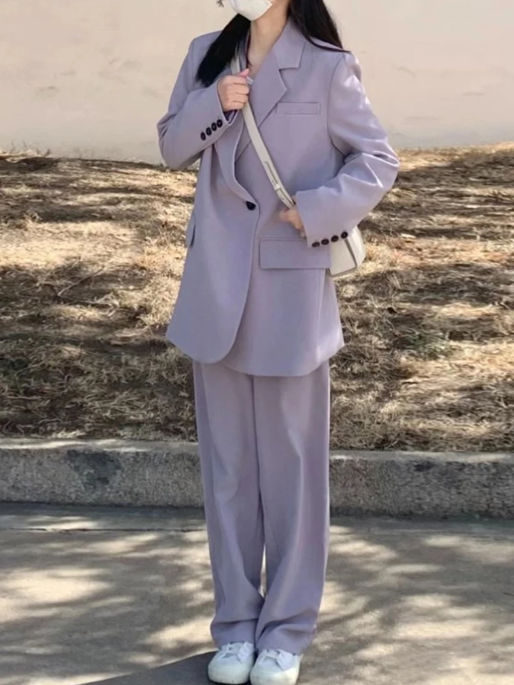 Fashion New Women Vintage Purple Blazer 2 Pieces Set Casual Elegant Solid Suit Jackets Wide-Leg Pants Outfits Female Pantsuits