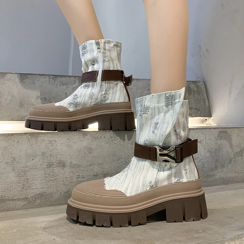 Blue Denim Women's Boots 2023 Korean Fashion Round Toe Ladies Short Barrel Boots Simple Versatile Casual Boots Zapatos De Mujer