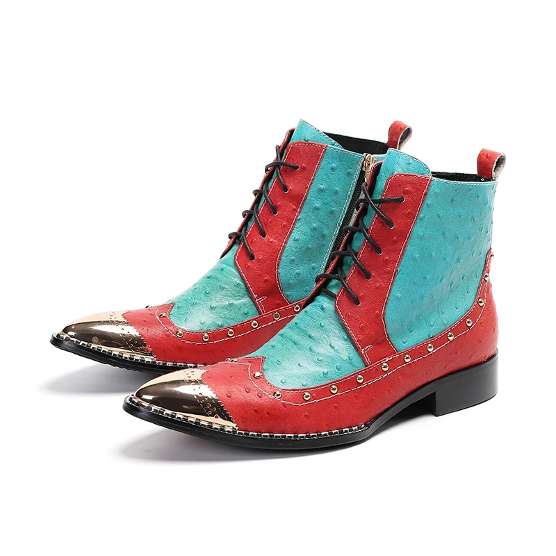 Fashion Steel toed Chelsea Boots for men Handmade Pointed toe Rivet Ankle Boots Lace up Genuine
