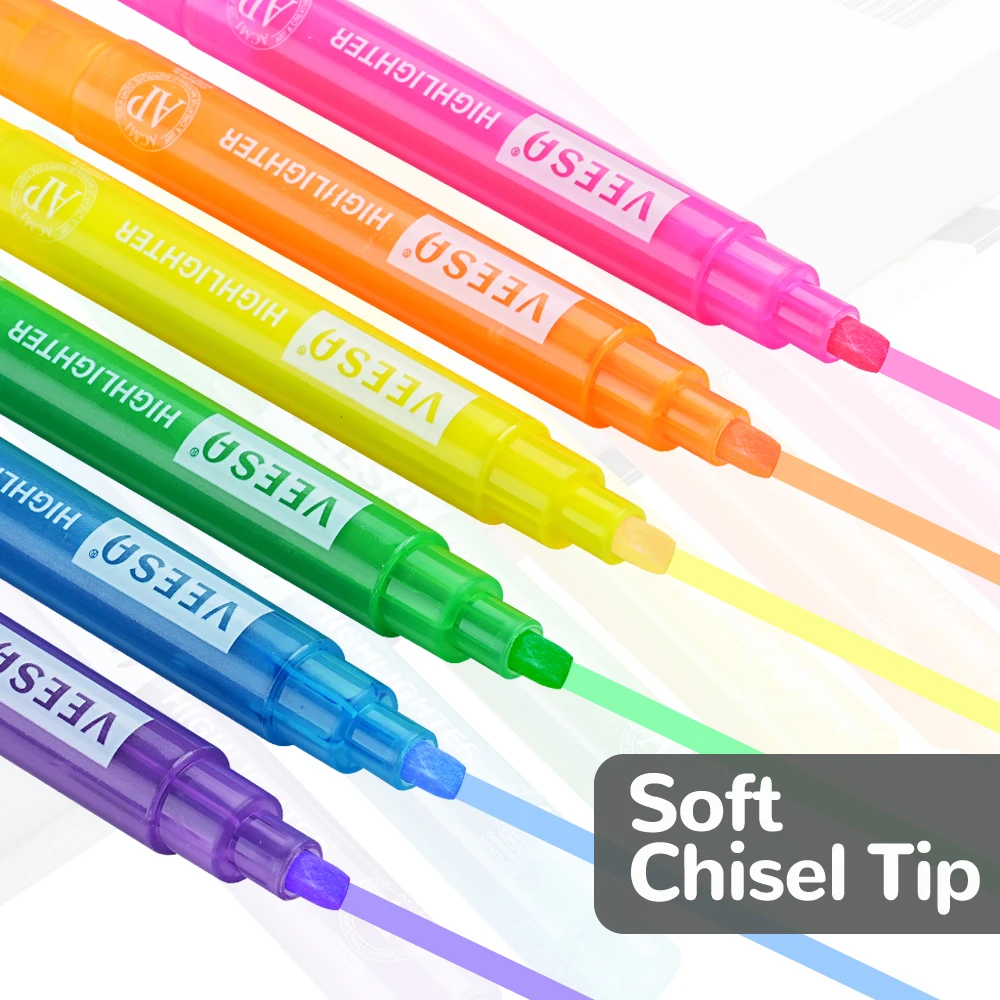 하이라이터, 치즐 팁 마커 펜, 밝은 색상, 다양한 색상, AP 인증, 수성, 빠른 건조, 6 개