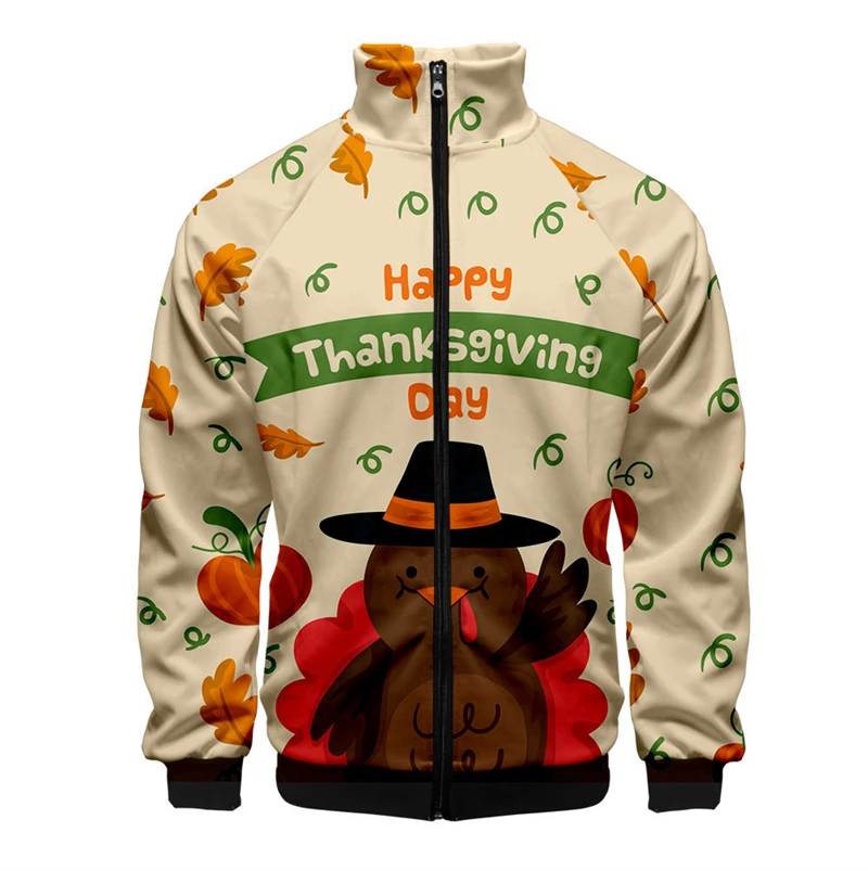 thumbnail image 1 of Chaqueta informal con cremallera y estampado 3D de Acción de Gracias de última oferta, diseño de pavo de animales de Acción de Gracias, para hombre, de manga corta, 1 of 5
