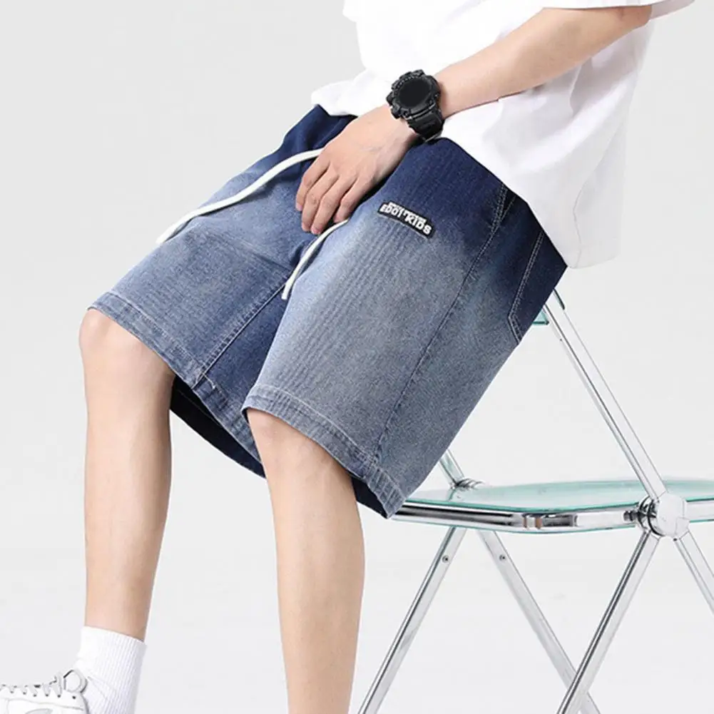

Elastic Waist Men Shorts Men Denim Shorts Gradient Contrast Men's Summer Shorts Elastic Waist Wide Leg Deep Crotch Knee Length