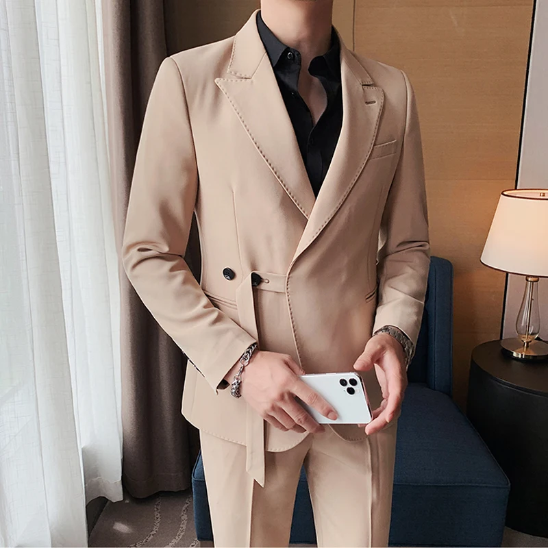 

( Jacket + Pants ) Brand Men Suit 2023 Wedding Suits for Men Shawl Collar 2 Pcs British Style Slim Fit Suit MensTuxedo Coats