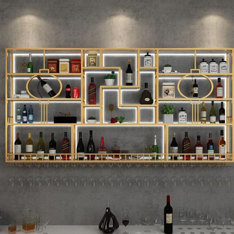 Luxury Storage Bar Cabinet Wall Mounted Illuminated Ironwork Commercial Wine Rack Creative Mueble Bar Gold Furniture