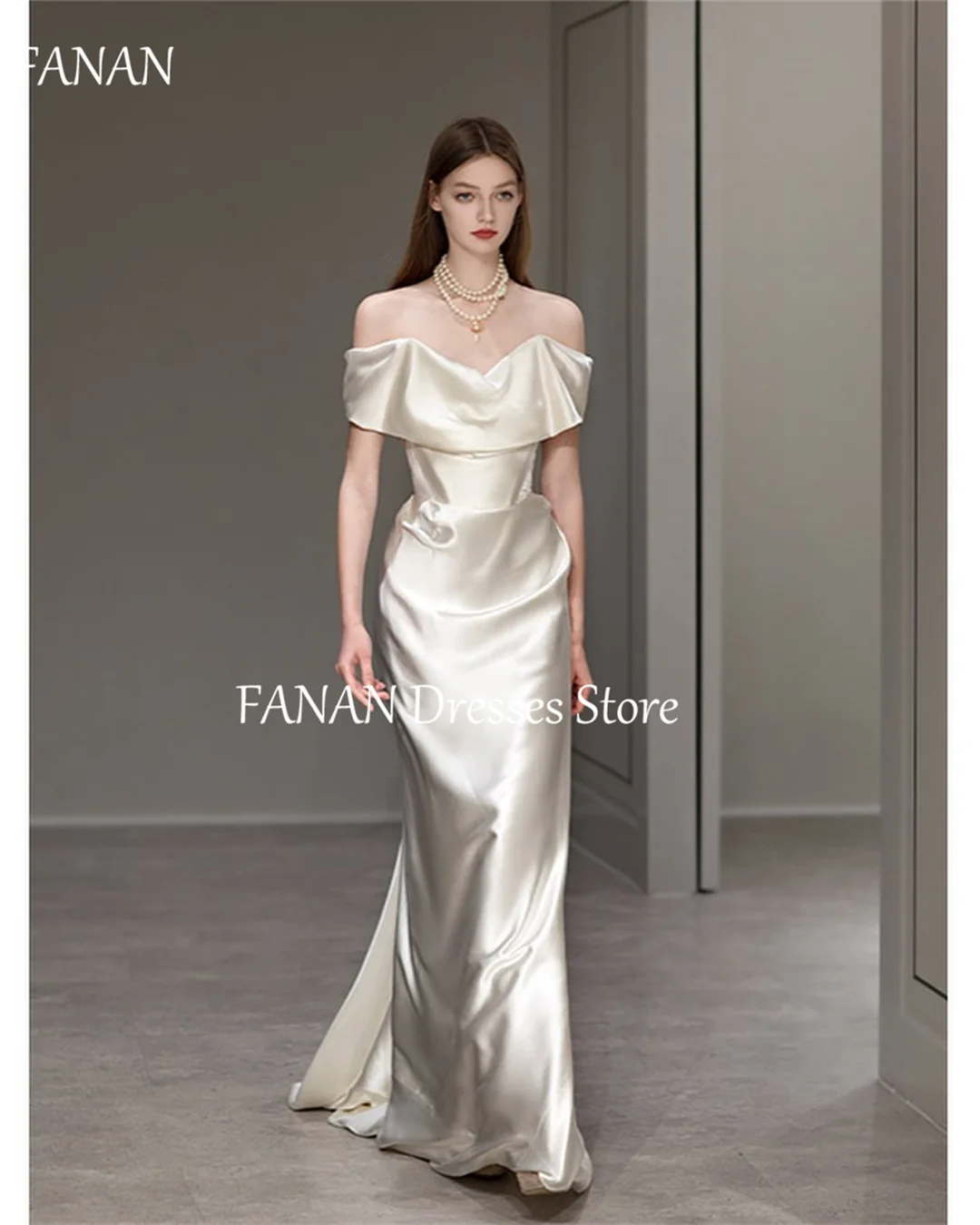 

FANAN Korea Off the Shoulder Ivory Simple Wedding Dresses Silk Satin Mermaid 웨딩드레스 Ruched Custom Made Bride Gowns Plus Size