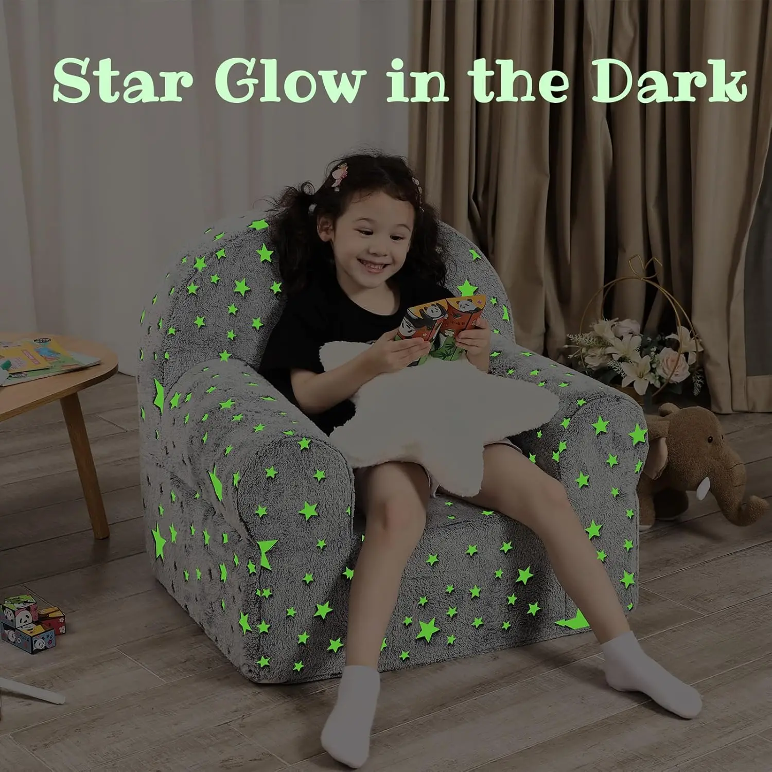 Little Star Kids Sofa with Star Throw Pillow, High Back Toddler Chair Glow in The Dark for Boys and Girls, Grey 4