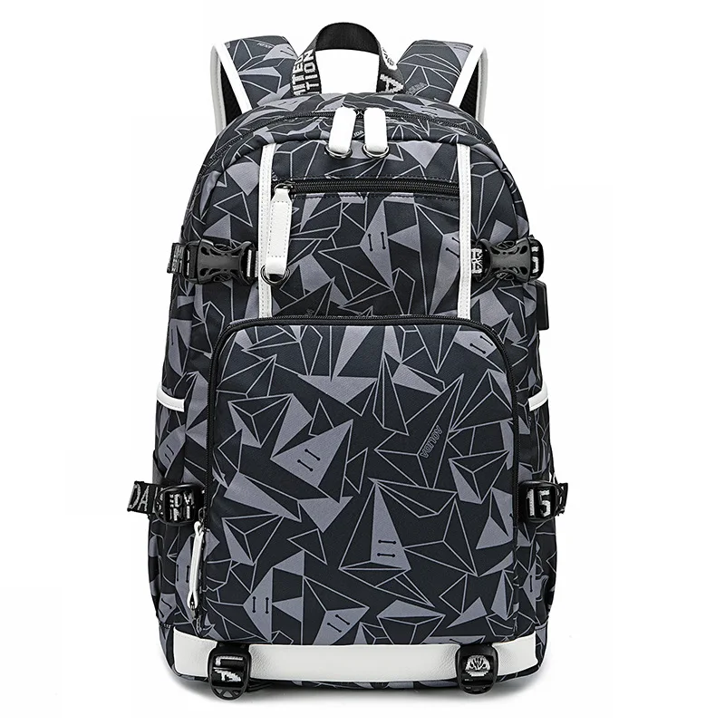 Large Geometric-Print School Backpack for Teen Boys Laptop Bookbag with USB Charging Port Kids Back Pack for Middle School Bags