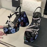 Eilyken Summer Bling Sequin Cloth Narrow Band Platform Wedges Chunky Heels Women Sandals Fashion Buckle Strap Slide Shoes - Image 3
