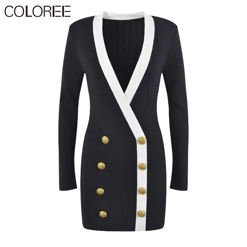 

Autumn winter knitted dresses women 2023 vintage v-neck long sleeve mini sweater dress double breasted vestido feminino