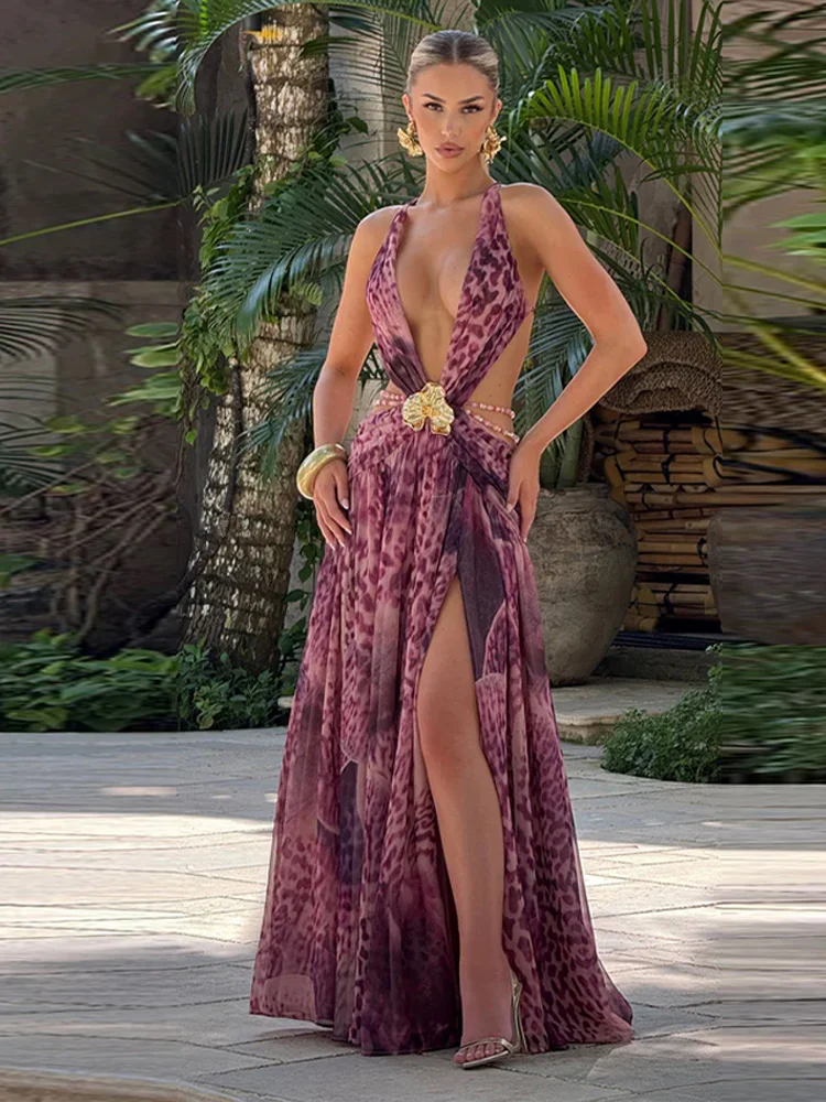 Weird Puss Leopard Patchwork Maxi Dress Women Seashell Decoration Halter  Low-neck Backless Ruched Side Splits Elegant Vestidos - AliExpress 200000345