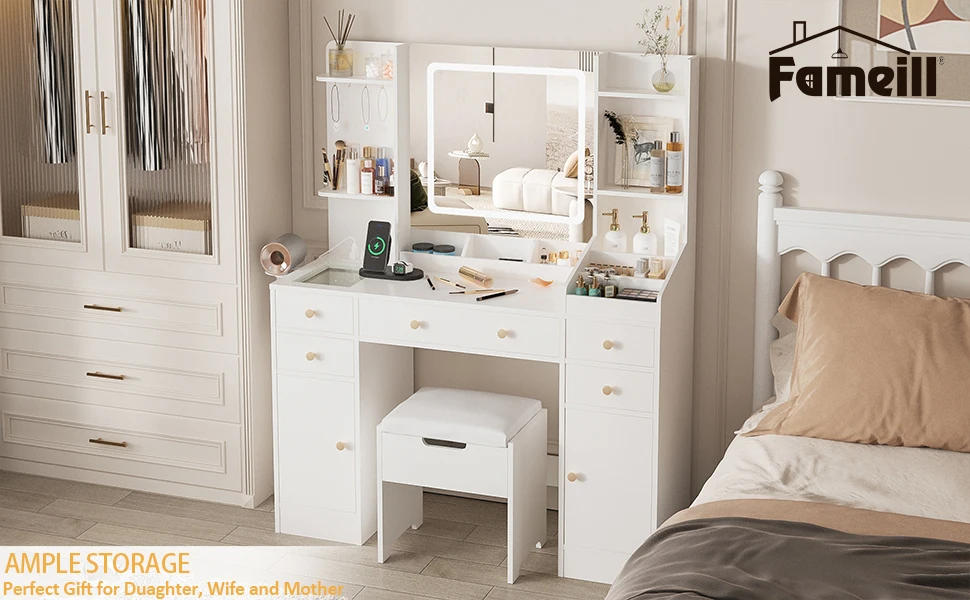 vanity with mirror with lights and chair