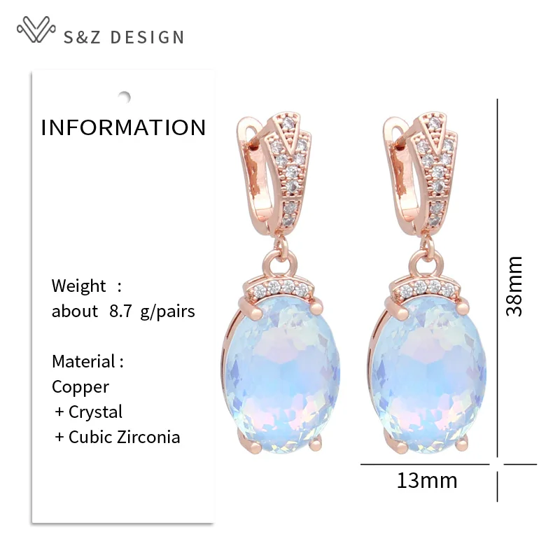 S&Z DESIGN New Fashion Cubic Zirconia Large Colorful Oval Crystal Dangle Earrings For Women Wedding 585 Rose Gold Color Jewelry