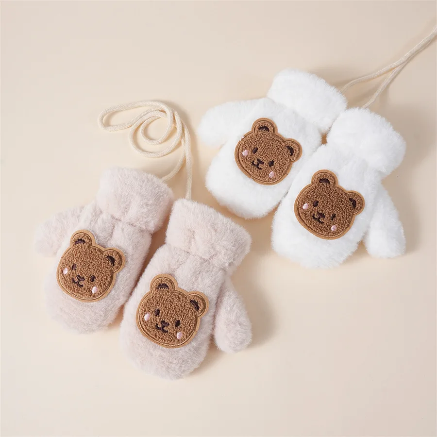 Winter Kids Plush Gloves with Hanging Neck Rope Cute Bear Mittens Soft Faux Fur Fingerless Glove 2-5Year Children Hand Warmer