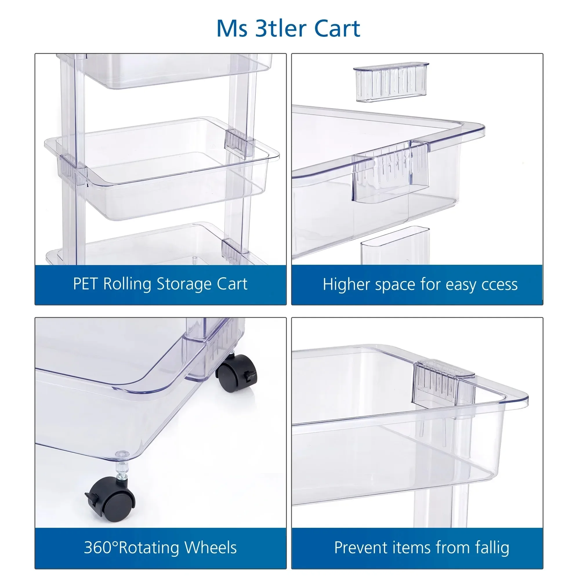 3 Tier Plastic Clear Utility Storage Cart Adult Size, Mobile Organizer for Bathroom, Kitchen & Office