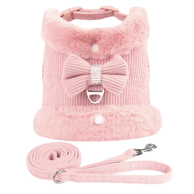 Warm Winter Dog Harness Leash Set Cute Bowknow Puppy Small Dog Vest Harness Soft Fur Collar Vest With Bowtie For Pug Yorkie Pink 2