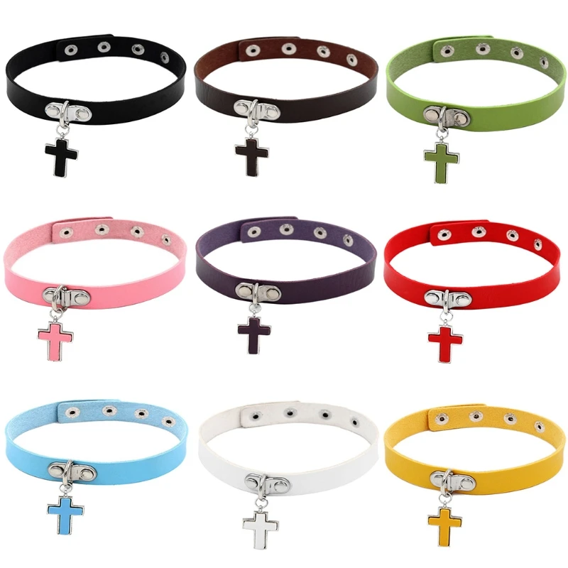 

85WB Gothic Spike Punk Leather Necklace Choker Collar With Cross Pendant Unisex