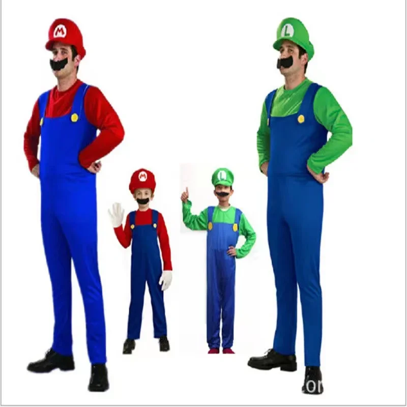 Super Luigi Cosplay Costume Adult Jumpsuit Beard Hat Men and Women Set kid Halloween Costume