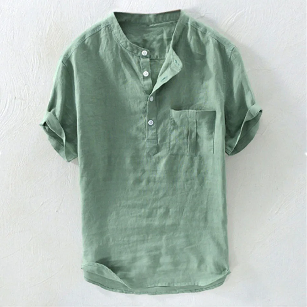 

Men Summer Short Sleeve Shirts Casual Soft Loose Shirts Male Holiday Tee Top Man Button Neck Tee Shirts Solid Blouse