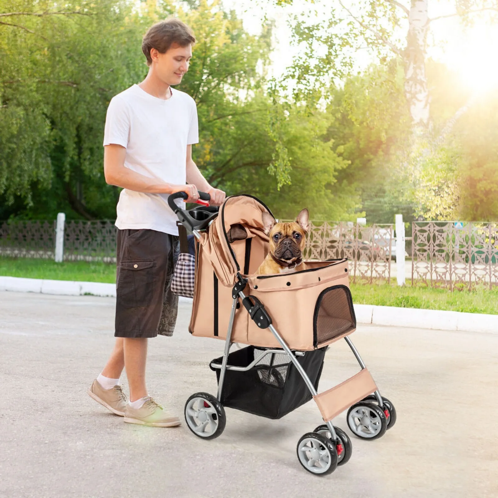 US Folding Pet Stroller 4-Wheel Pet Travel Carrier w/Storage Basket Beige