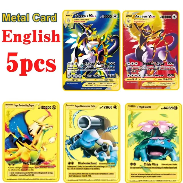 5PCS Pokemon Iron Cards Golden Metal Pokemon Shiny Letters Pikachu Mewtwo Charizard Vmax Game Collection Card Anime Metal Gifts 1