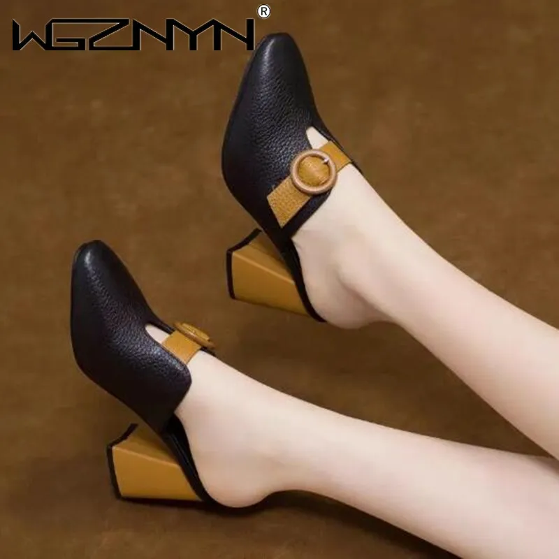 Kobiety na wysokim obcasie klapki platformy skórzane muły Femme Pointed Toe Feminino biurowa, damska elegancka obuwie bez pleców