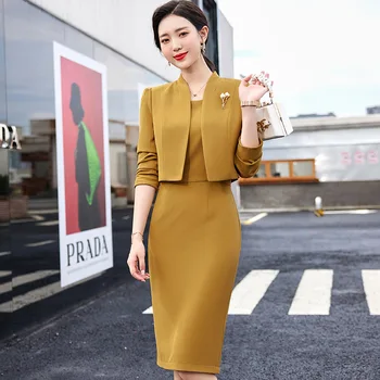 2023 가을 여성 드레스 세트, 노란색 살구 검은 녹색 블레이저 및 드레스, 정장 레이디 오피스 비즈니스 작업 트위드 정장, 2 피스 세트