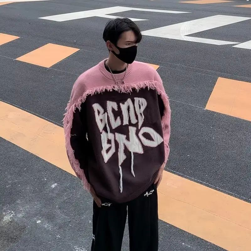 

American Retro Thick Needle Letters Destroy Furred Edge Knitwear Spring Autumn Fashion Casual High Street Design Sense Sweater