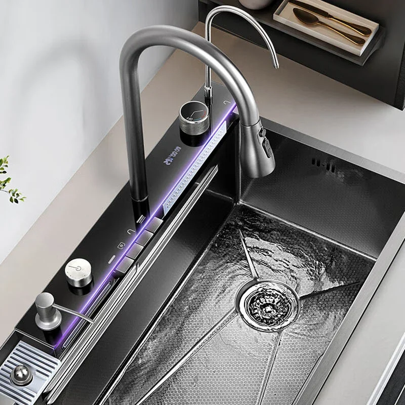 Stainless Steel Large Single Sink Kitchen Waterfall Digital Display Honeycomb Embossed Wash Basin Countertop 5