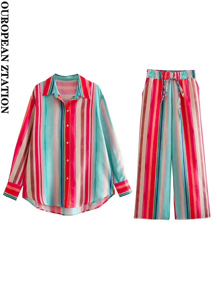 

PAILETE Women 2023fashion front button color striped shirts or with drawstring side pockets wide leg pants two pieces sets muje