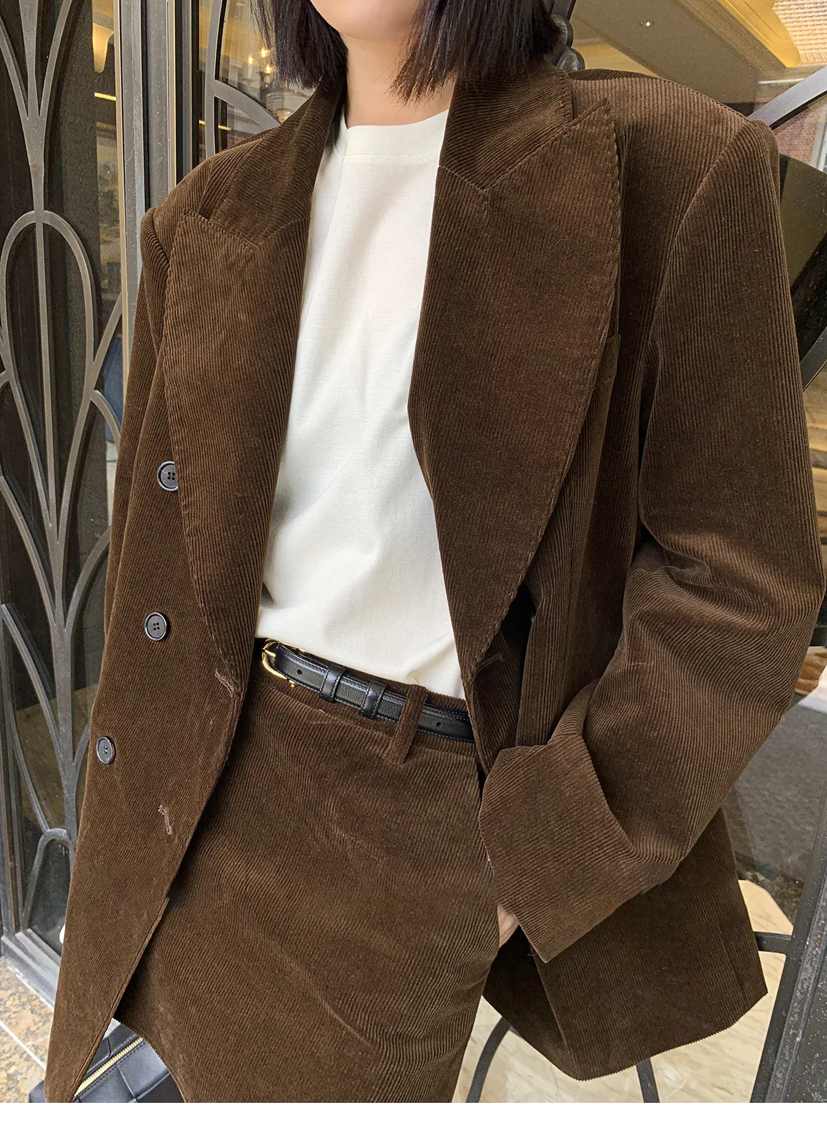 Autumn Winter Women's Velvet Suit Coat Double-Breasted Deep Brown Loose Silhouette Western Style Outerwear