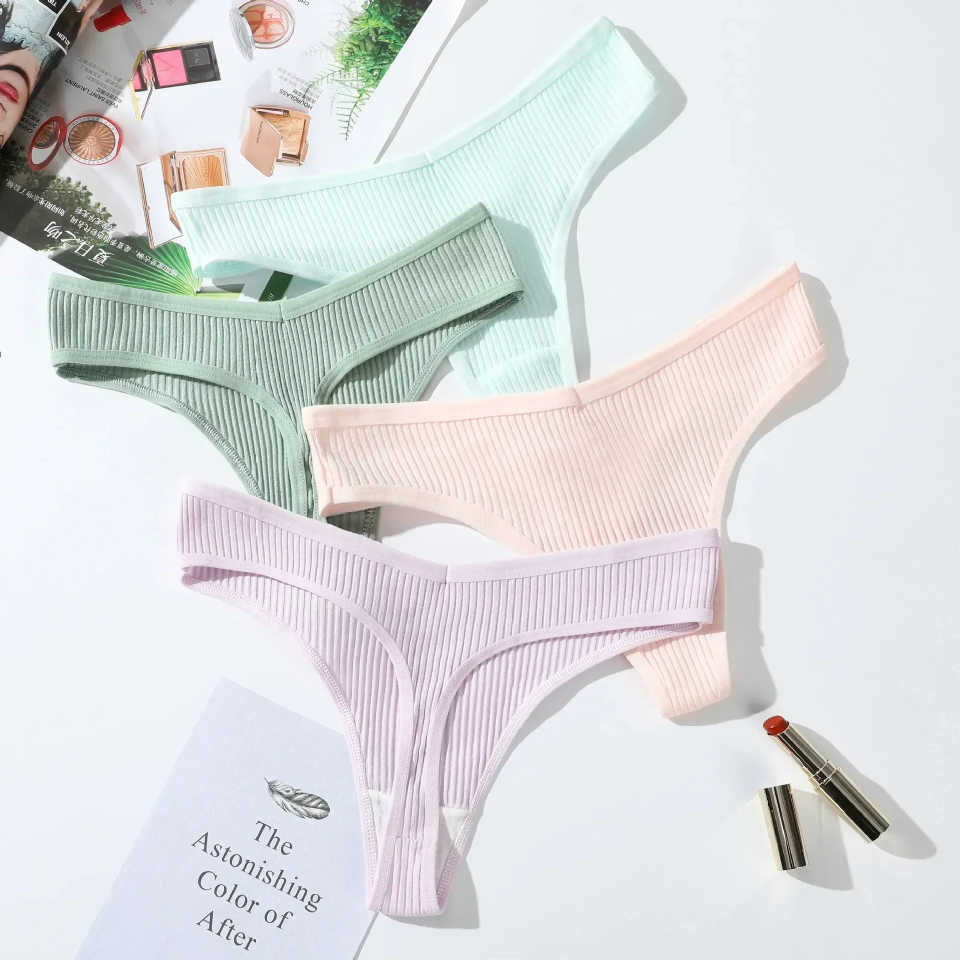 

Underwear Lingerie G-strings Ribbed Women's Female Waist Low Solid Color Underpants Panties Thongs Comfortable Seamless Cotton