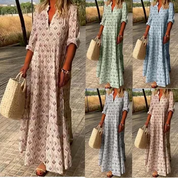 2026 Elegant Lady Vintage Stand Collar plus Size Fashion Loose Long Dress New Arrival