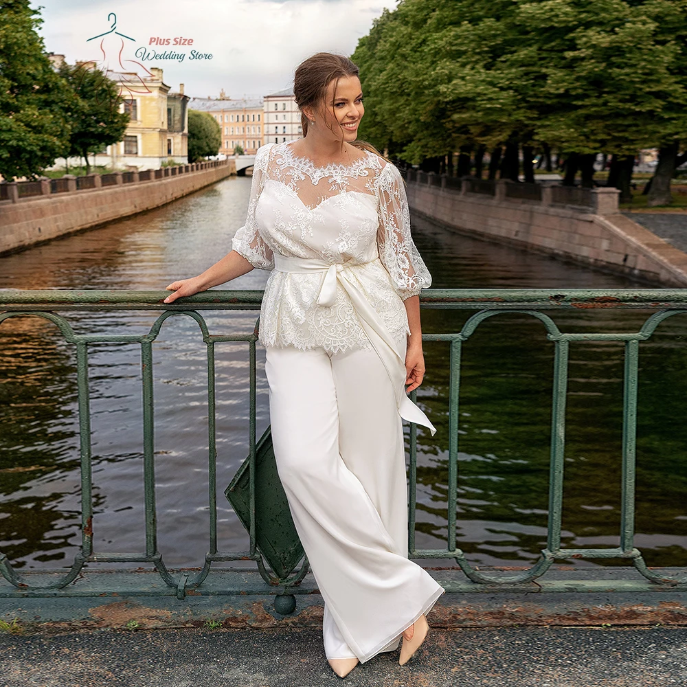 Classic-Wedding-Dresses-Plus-Size-Jump-Suits-Jewel-Neck-3-4-Sleeves ...