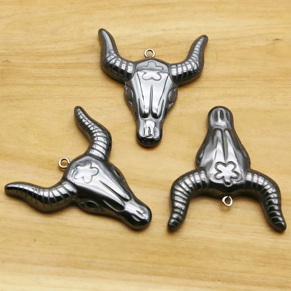 Natural  Black Gall Stone Hematite Ox Head Necklace Pendants Mineral Healing Charms DIY Jewelry Gift Accessories Wholesale 12Pcs