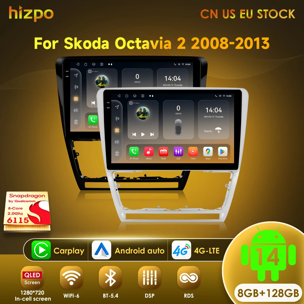 Hizpo 10.1" 4G+WiFi 2din Android 14 Car Radio Multimidia Video Player Navigation GPS For SKODA Octavia 2 A5 2008-2013 Head Unit