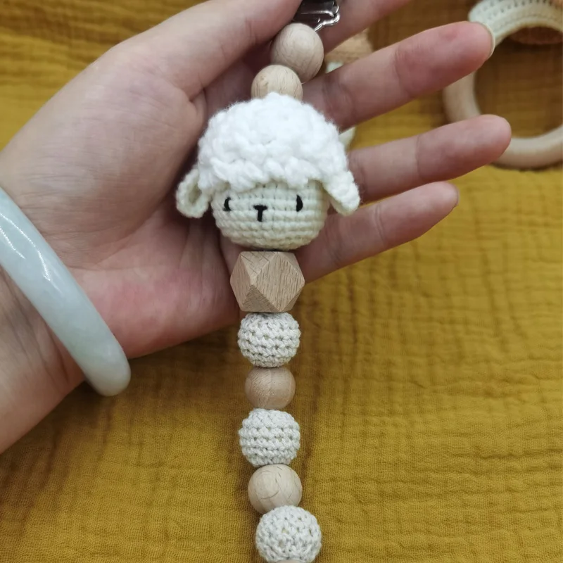 Baby Pacifier Clip Crochet Sheep Handbell Teething Rattle Dummy Chain Boy Girl Unisex Teether Infant Shower Gift 3