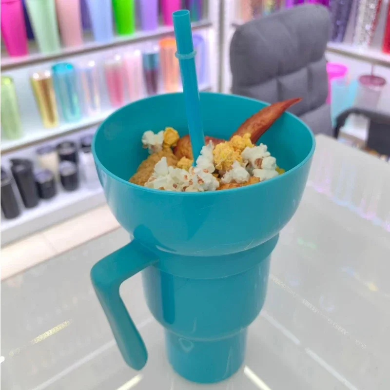 Snack Tumbler with Lid and Straw Stadium Tumbler Cups with Bowl on Top 2-in-1 Travel Coffee Mug Proof Leakproof Portable Drink Cup for Kids