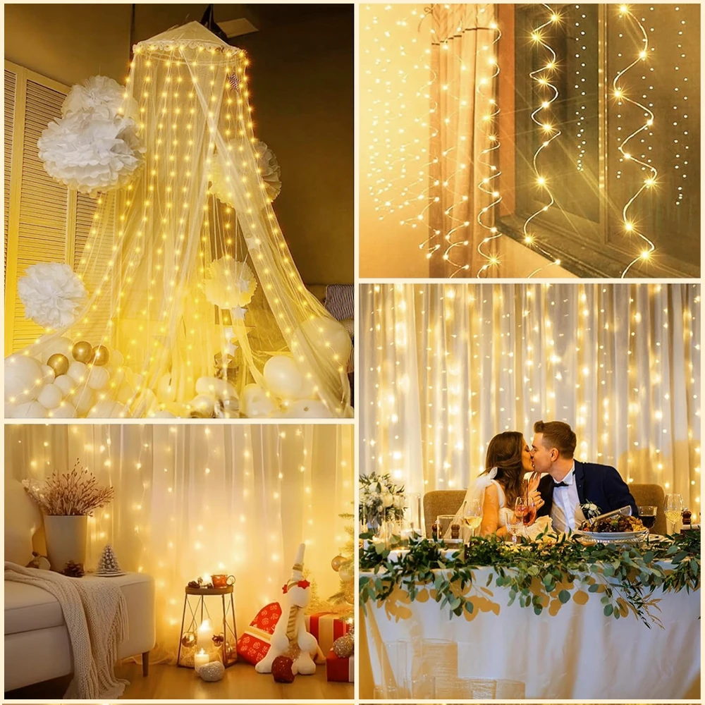LED Curtain String Lights with 8 Modes, Remote & Timer, USB Powered Hanging Lights for Window Patio Christmas Wedding Yard Decor