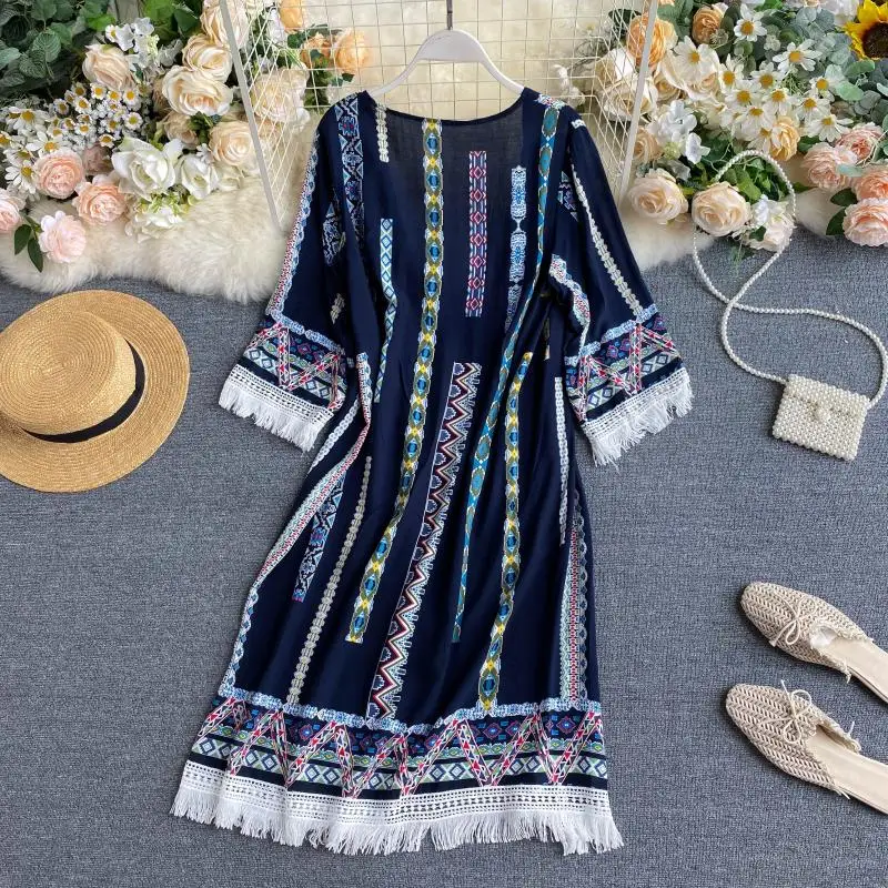 

Summer Retro Ethnic Style Print Bohemian Beach Cardigans Women Long Poncho Cardigan Coat Ladies Tassel Chiffon Sunscreen Shirt