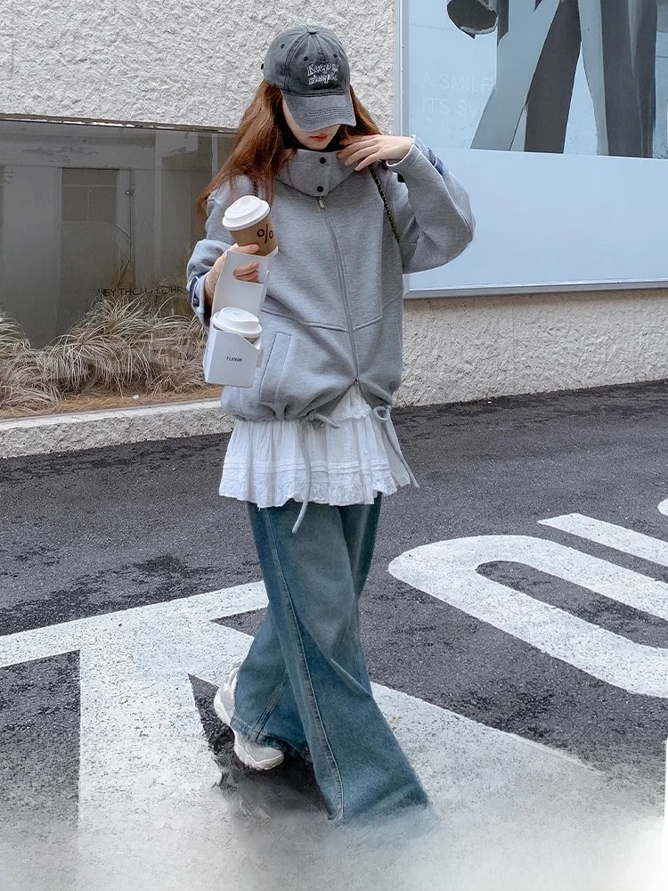 캐주얼 그레이 후드 짧은 스웨트셔츠 재킷 여성 봄 가을 인기 멋진 하이엔드 틈새 재킷 탑