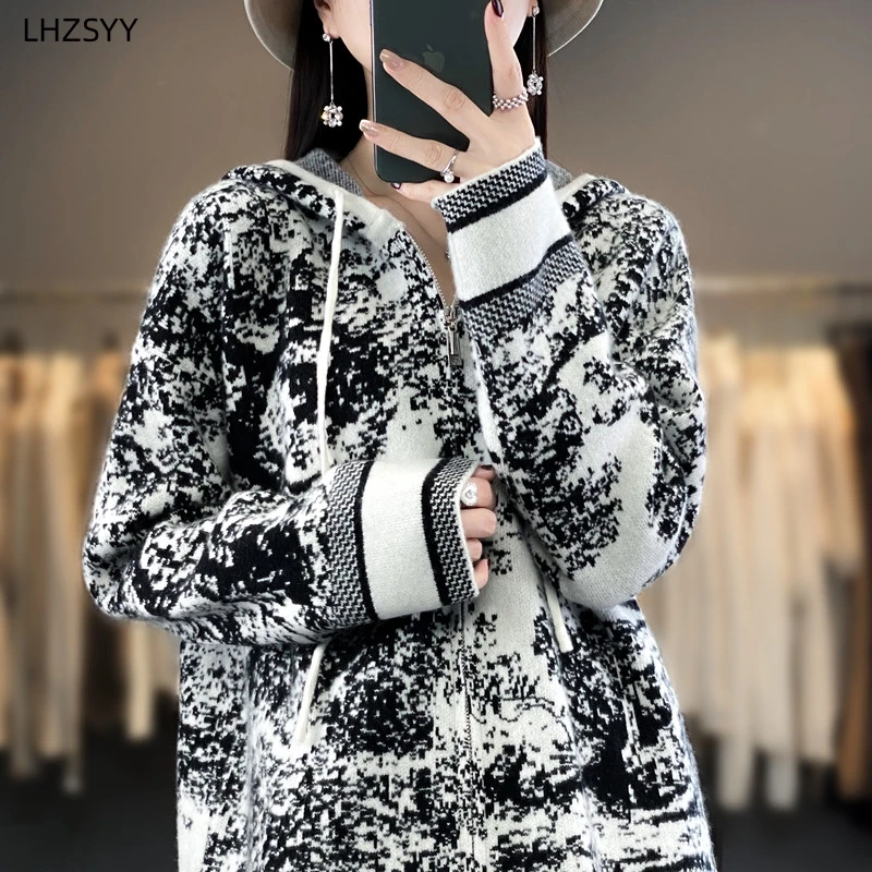 LHZSYY 여성용 후드 캐시미어 스웨터, 지퍼 니트 가디건, 가을 겨울, 신상 그래피티 코트, 따뜻한 라지 사이즈 셔츠, 숙녀 재킷