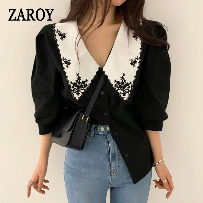 ZAROY 여성용 우아한 자수 레이스 블라우스, 꽃 반팔 흰색 셔츠, 용수철 가을 여성 탑