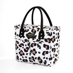 Chic Insulated Lunch Tote with Bow Design - Stylish, Waterproof Cooler Bag (Beige leopard print)